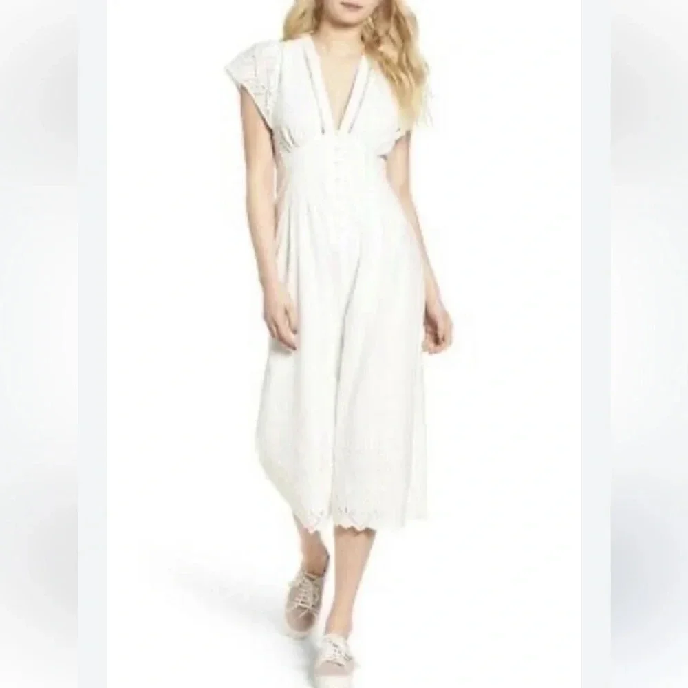 ASTR THE LABEL Eyelet Button Up Bridal Boho Cap Sleeve Jumpsuit 33866